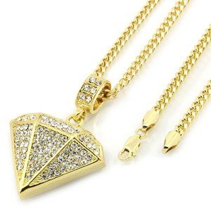 14k Gold Diamond Shape 30" Cuban Chain + Pendant